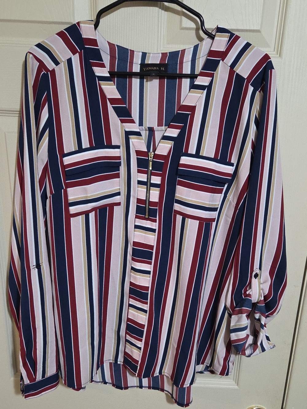 Striped V-Neck Zip Front Women's Top in Navy, Burgundy & White
